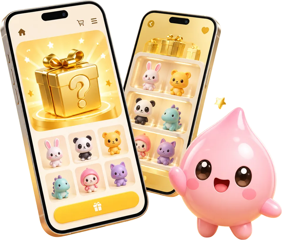 Hai chiếc điện thoại hiển thị ứng dụng LOCBOX cùng mascot giọt hồng