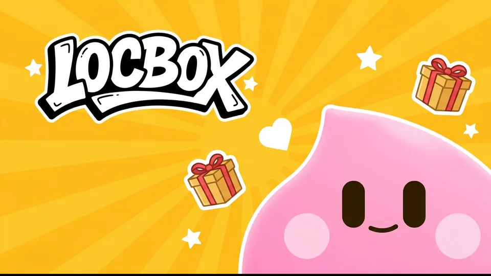 Mascot giọt hồng LOCBOX bên logo LOCBOX và các hộp quà vàng trên nền vàng tia nắng