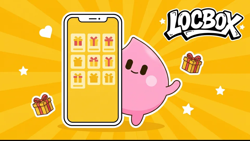 Mascot giọt hồng LOCBOX vẫy tay sau chiếc điện thoại hiển thị lưới hộp quà của ứng dụng