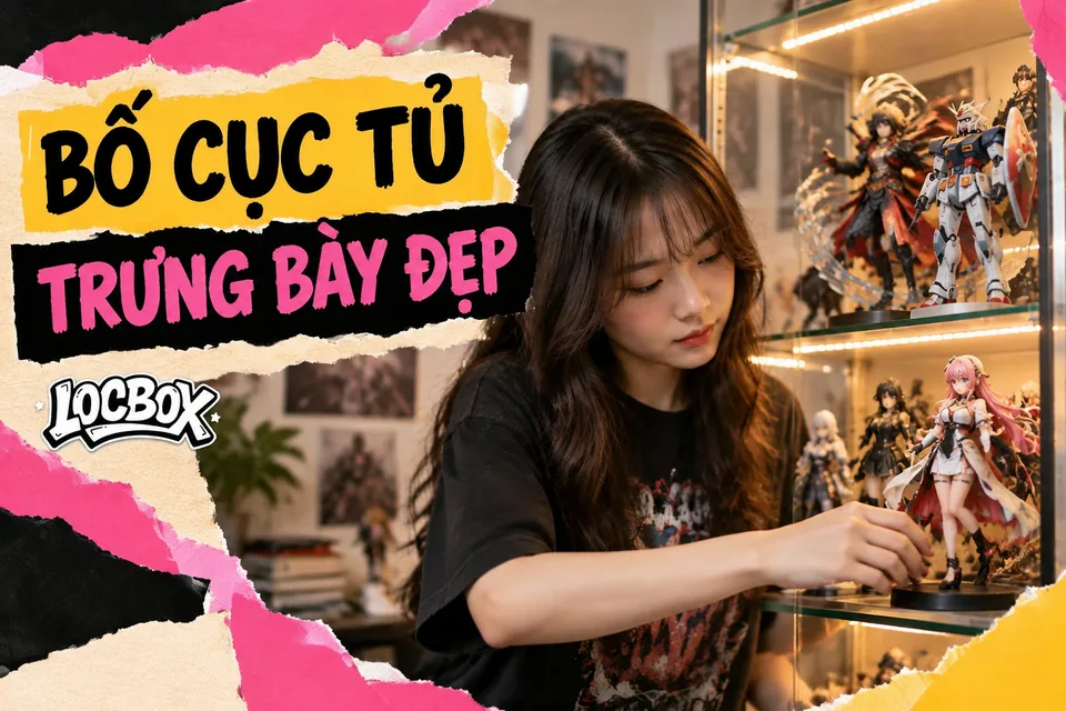 Bố cục tủ trưng bày theo chiều cao, tỉ lệ và màu nền